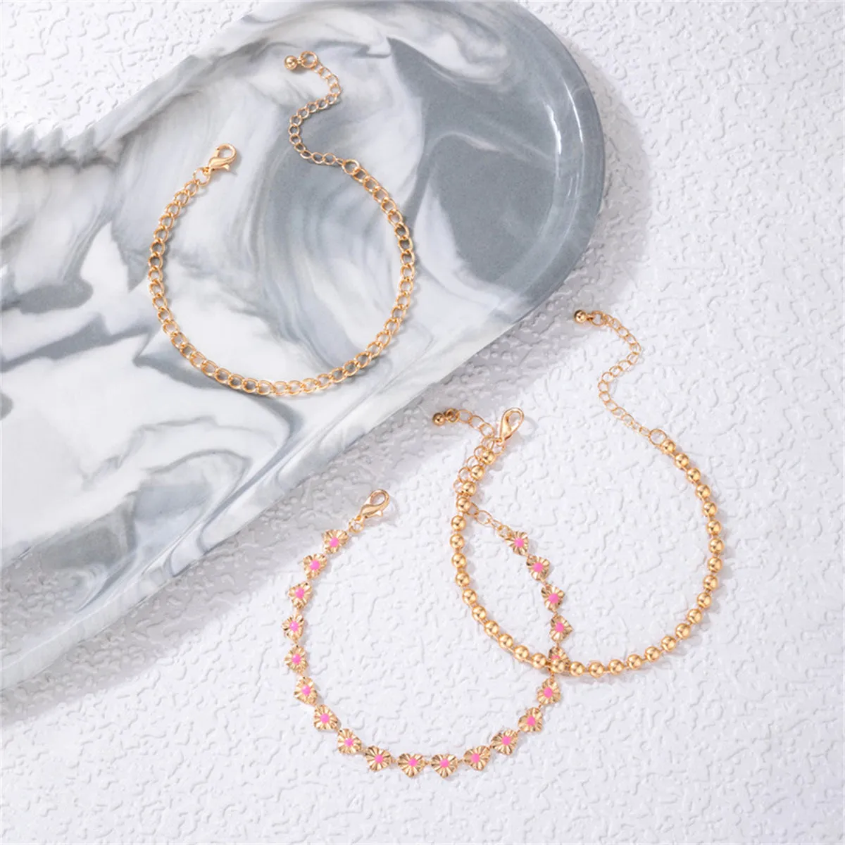 Pink Enamel & 18K Gold-Plated Heart-Chain Anklet Set