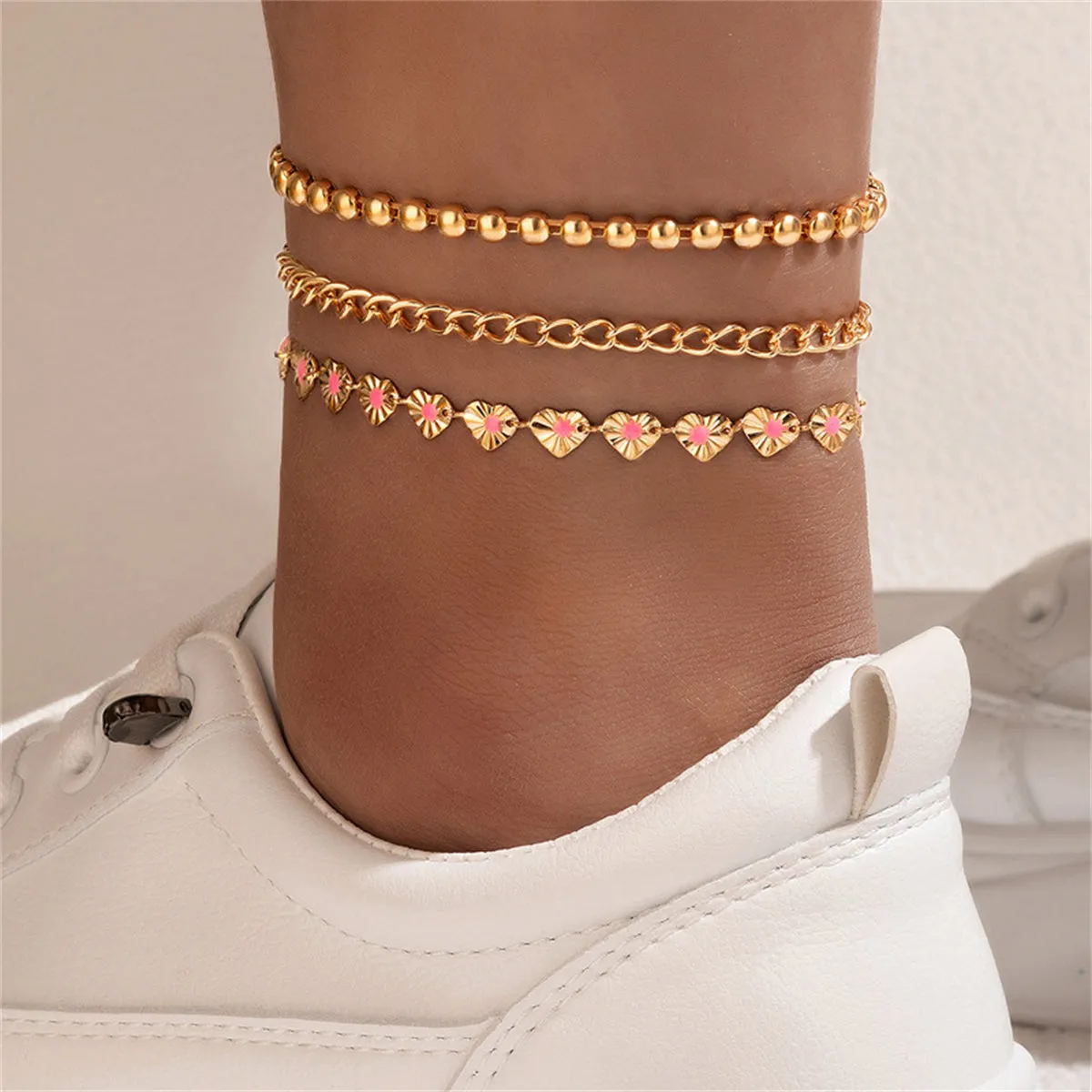 Pink Enamel & 18K Gold-Plated Heart-Chain Anklet Set