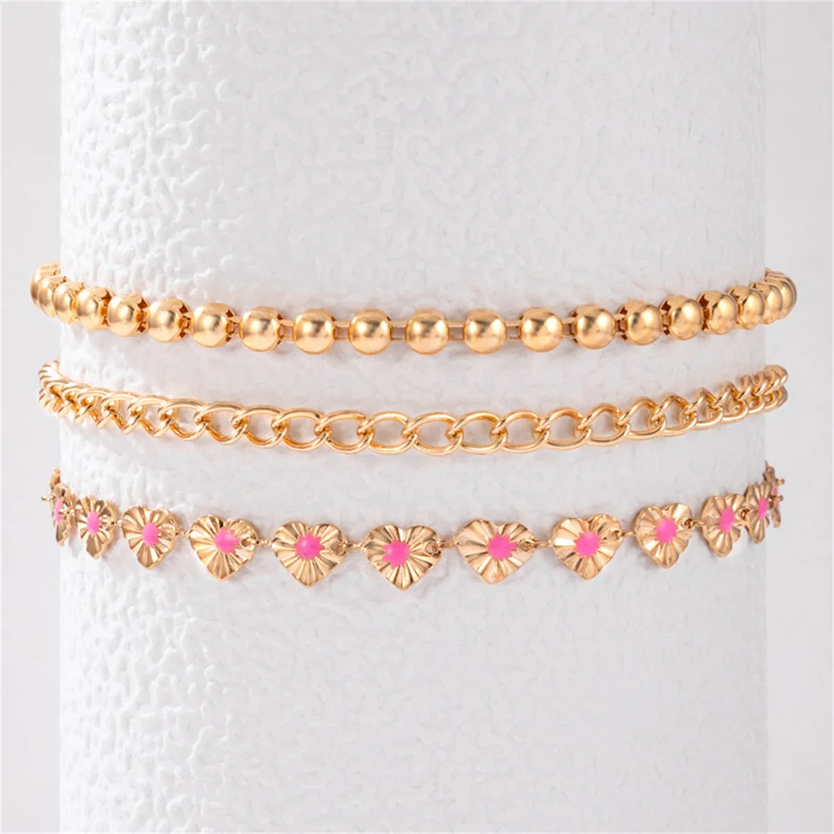 Pink Enamel & 18K Gold-Plated Heart-Chain Anklet Set