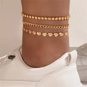 Pink Enamel & 18K Gold-Plated Heart-Chain Anklet Set