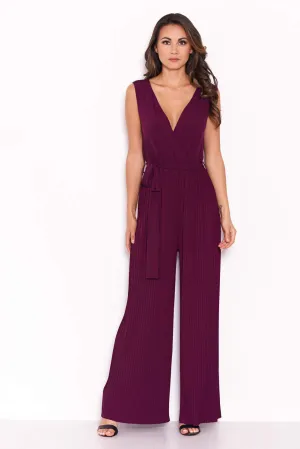 Plum Pleated Tie-Waist Jumpsuit