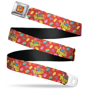 POST FRUITY PEBBLES Logo Full Color Red/Multi Color Seatbelt Belt - POST FRUITY PEBBLES Logo and Cereal Pebbles Scattered Red/Multi Color Webbing