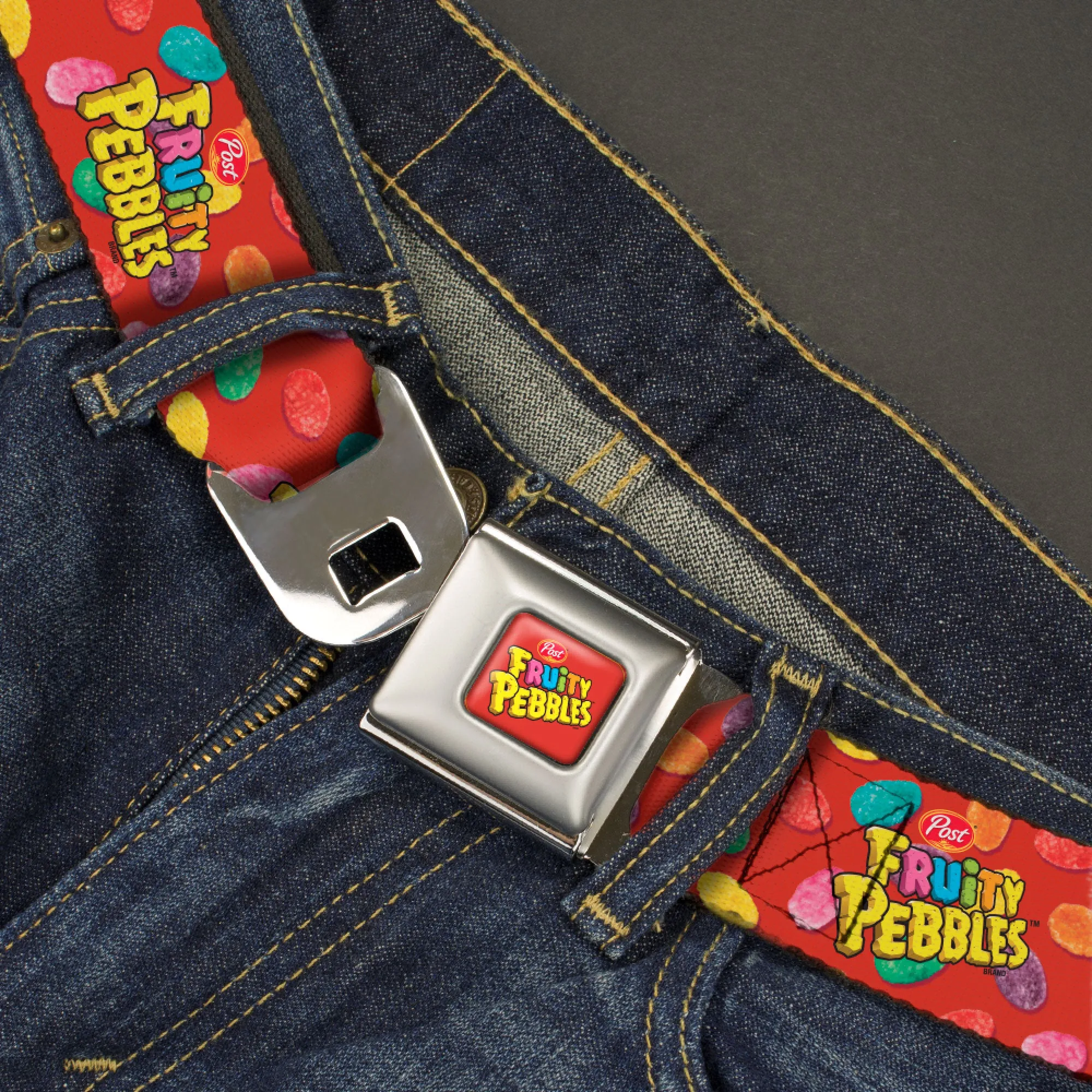 POST FRUITY PEBBLES Logo Full Color Red/Multi Color Seatbelt Belt - POST FRUITY PEBBLES Logo and Cereal Pebbles Scattered Red/Multi Color Webbing