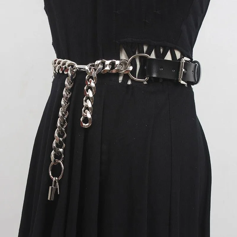 Pu Leather Black Thick Metal Chain Long Wide Belt
