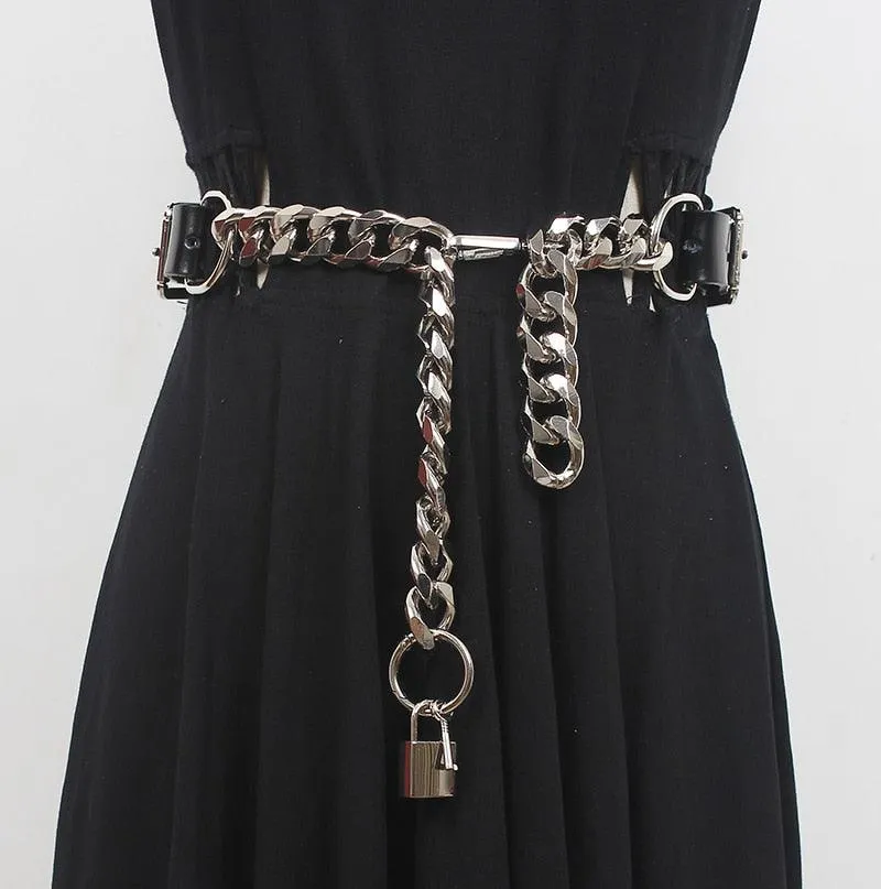 Pu Leather Black Thick Metal Chain Long Wide Belt