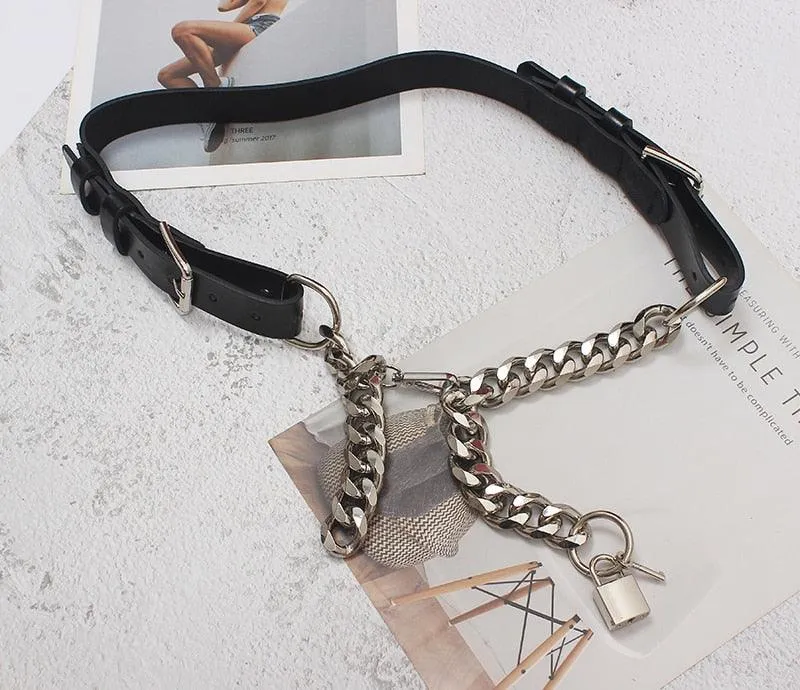 Pu Leather Black Thick Metal Chain Long Wide Belt