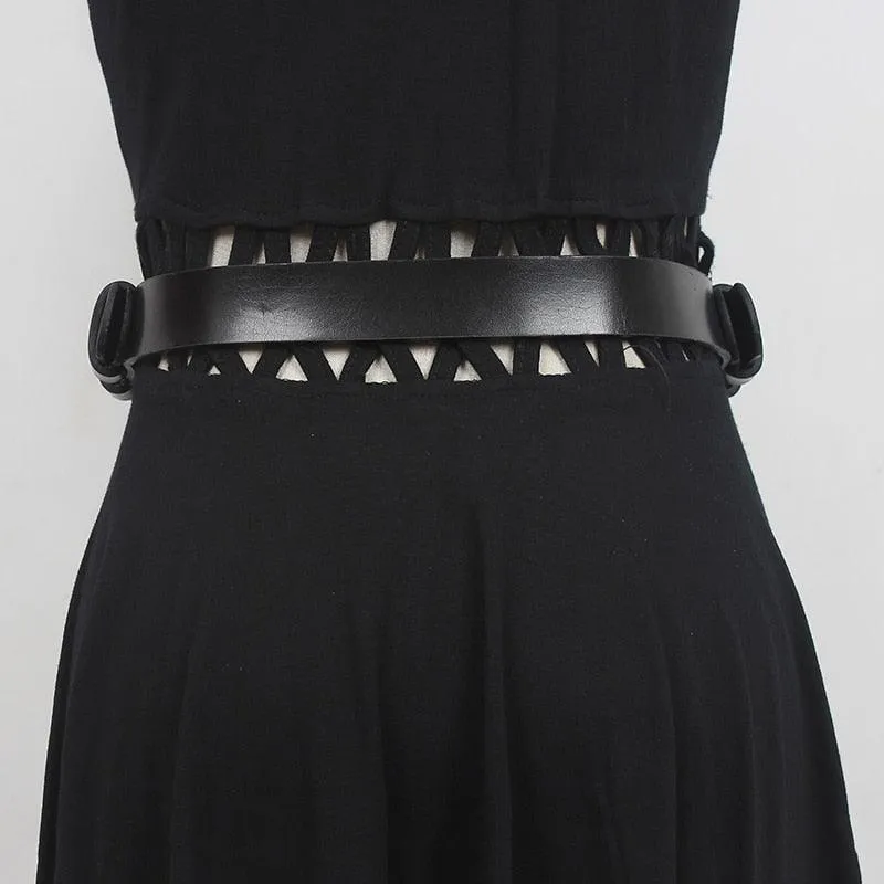 Pu Leather Black Thick Metal Chain Long Wide Belt