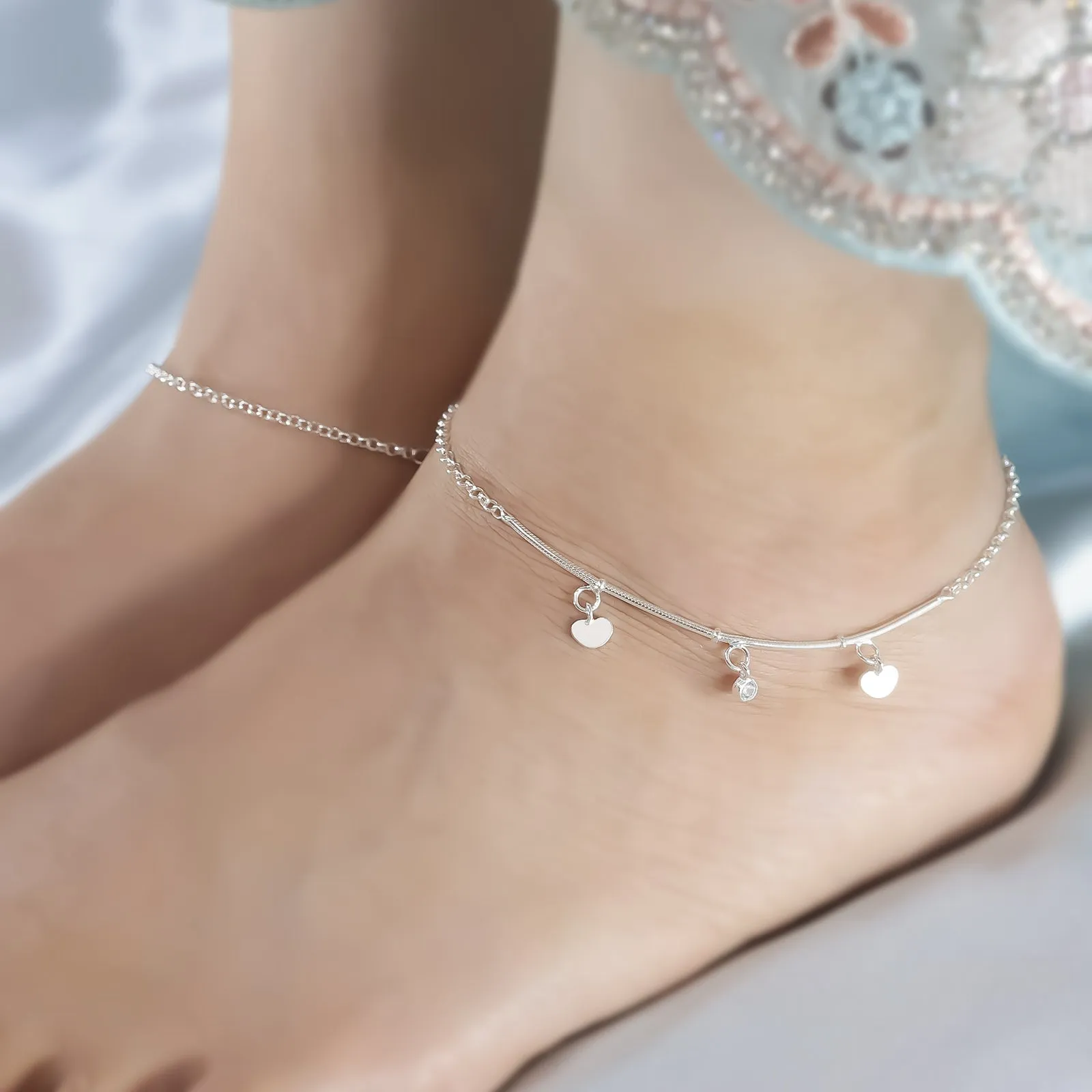 Pure 925 Silver Anklets - Heartstring Chain Model