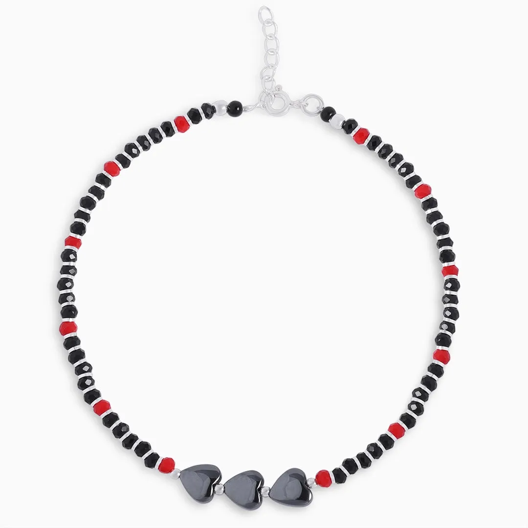 Pure Silver Anklet - Black-Red Beaded With Heart Stones
