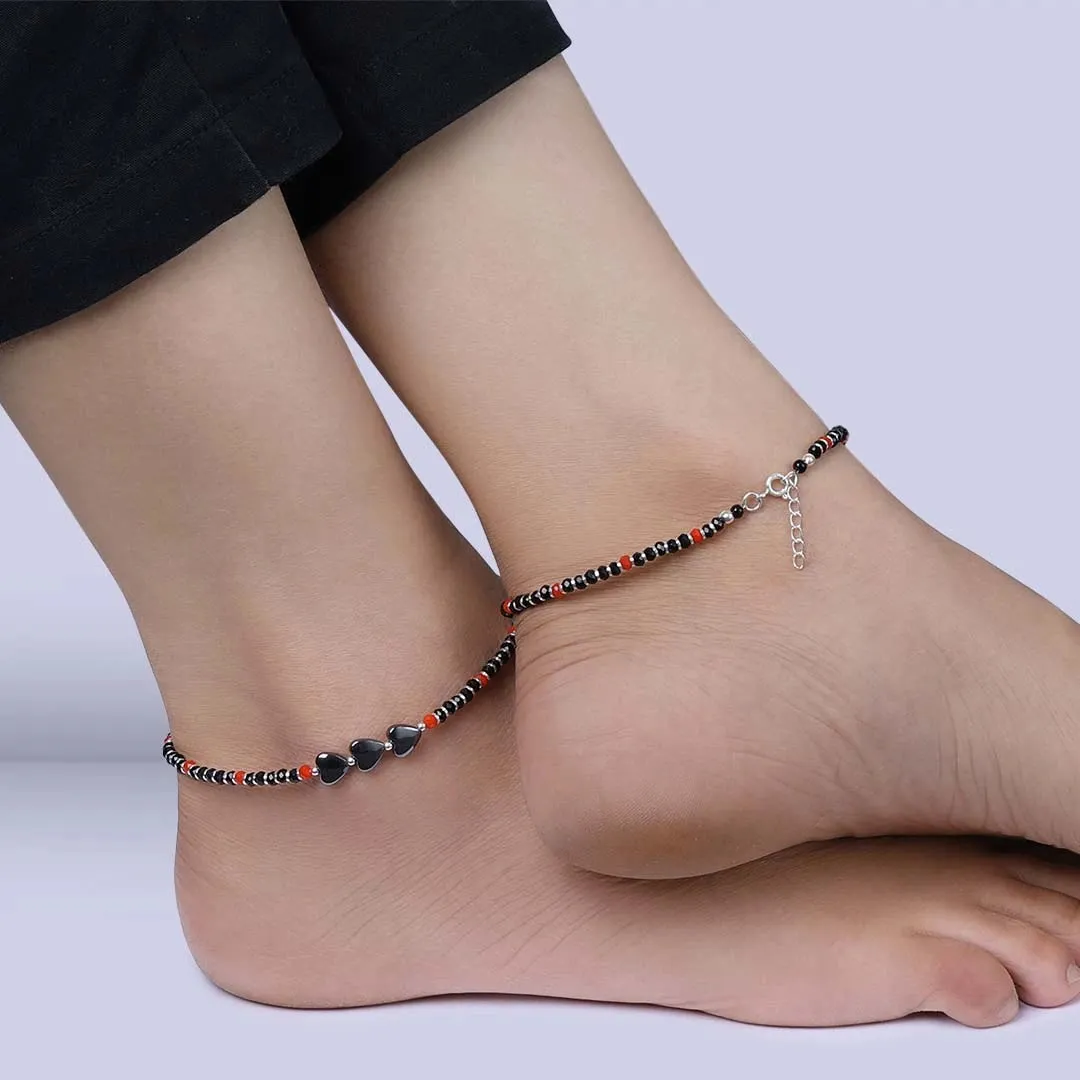 Pure Silver Anklet - Black-Red Beaded With Heart Stones