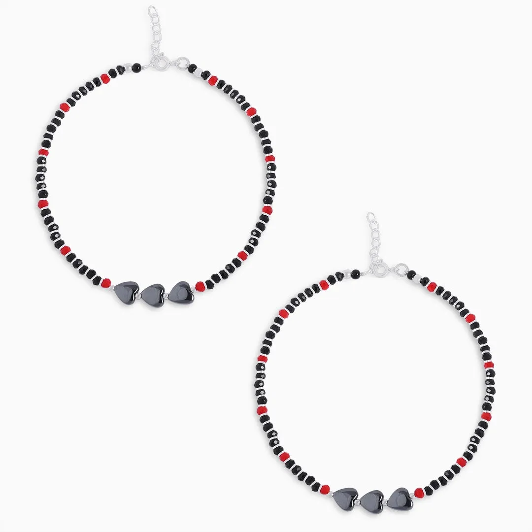 Pure Silver Anklet - Black-Red Beaded With Heart Stones
