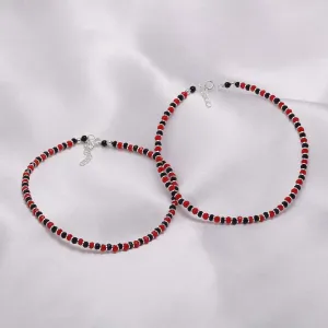 Pure Silver Anklet - Stylish Duo Red-Black Beads