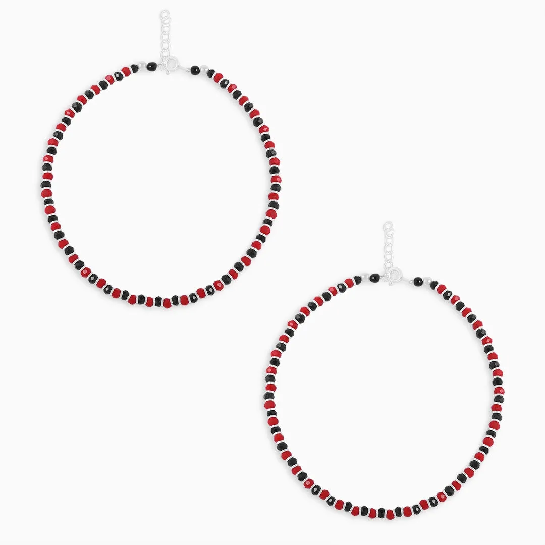 Pure Silver Anklet - Stylish Duo Red-Black Beads
