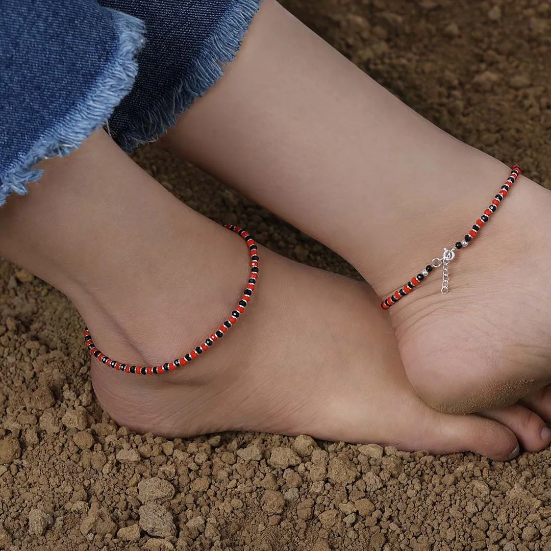 Pure Silver Anklet - Stylish Duo Red-Black Beads