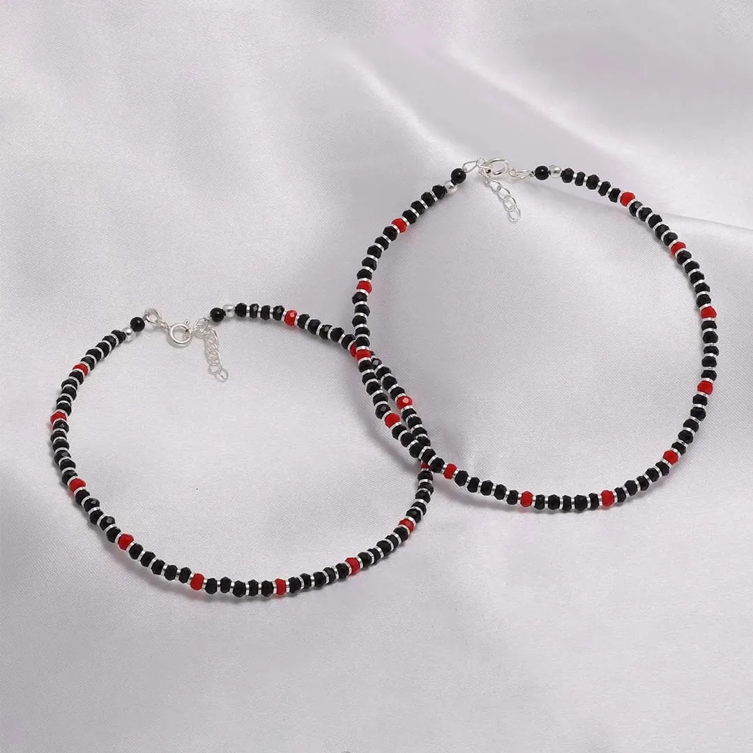 Pure Sterling Silver Spirit Red and Black Beads Silver Anklets