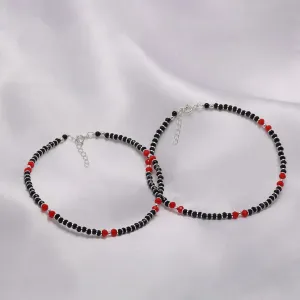 Pure Sterling Silver Wine Red & Black Beads Anklet