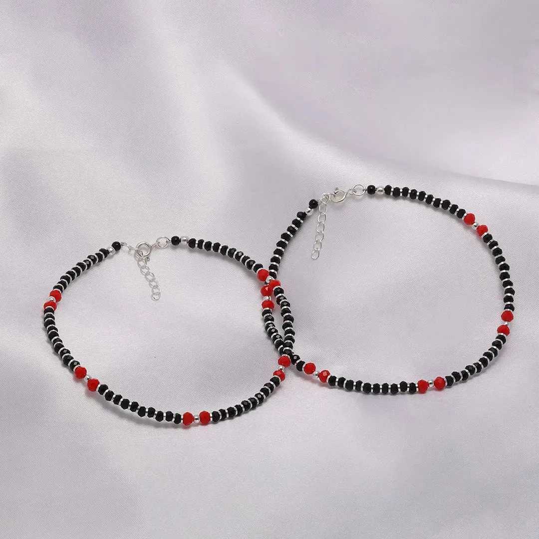Pure Sterling Silver Wine Red & Black Beads Anklet