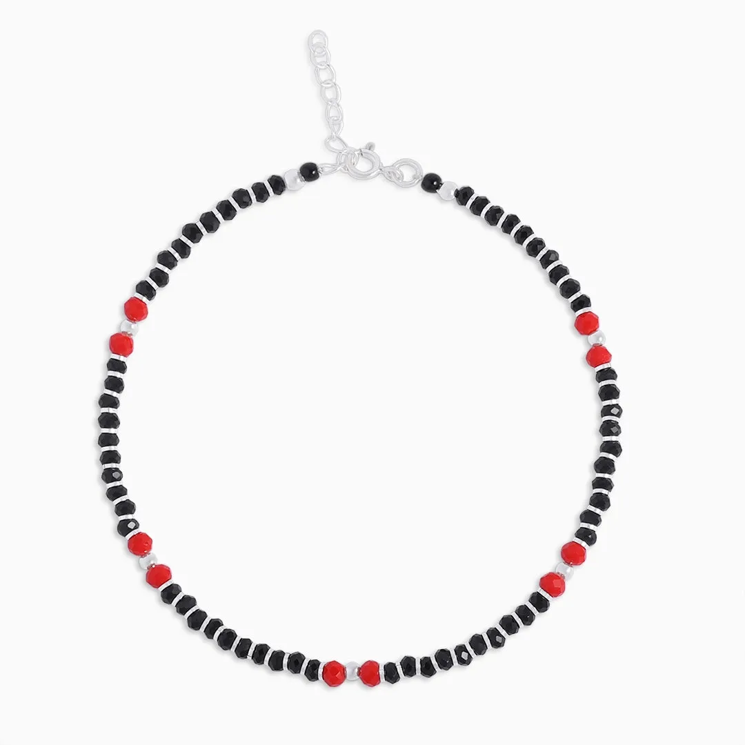 Pure Sterling Silver Wine Red & Black Beads Anklet