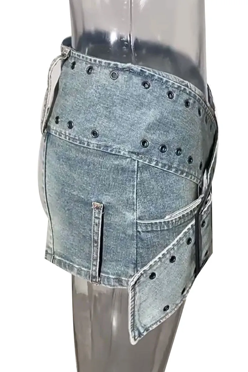 QH0189 Belted Denim Mini Skirt