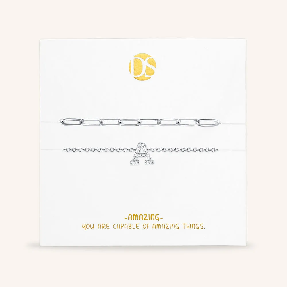 "My Own Sparkle" Set of Two Pave Initial & Clip Chain Layering Anklets