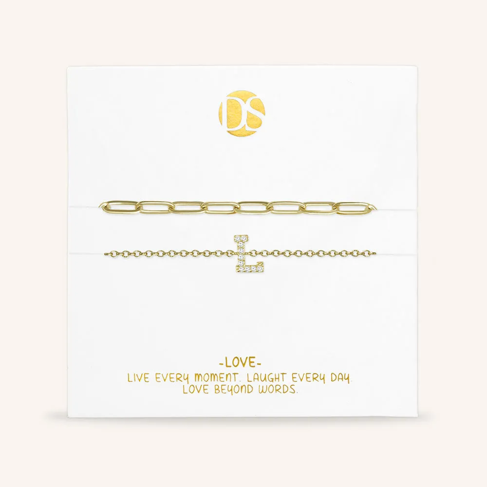 "My Own Sparkle" Set of Two Pave Initial & Clip Chain Layering Anklets