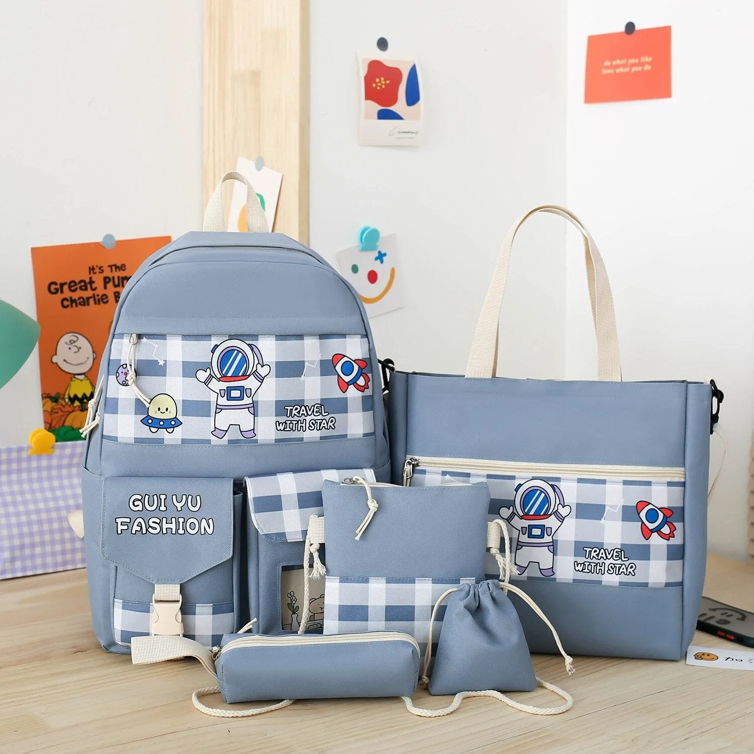 Realaiot 5Pcs/Set Cute Canvas Women School Backpacks for Teenage Girls Book Bag Student High Quality Travel Laptop Backpack Female
