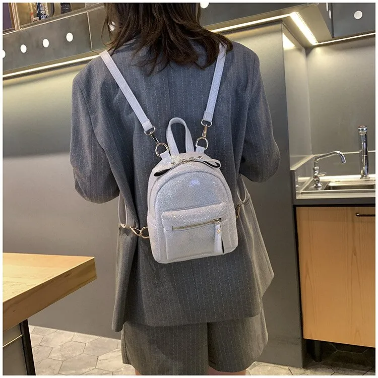 Realaiot Fashion Sparkles women Backpack small PU Leather Lady Shoulder Crossbody Bags Girl Backpacks Travel Bags Daypack bagpack pink