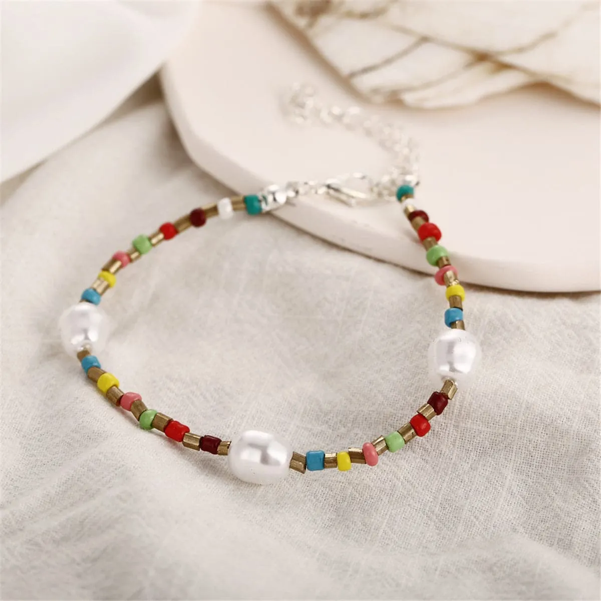 Red & Blue Howlite Pearl 18K Gold-Plated Beaded Anklet