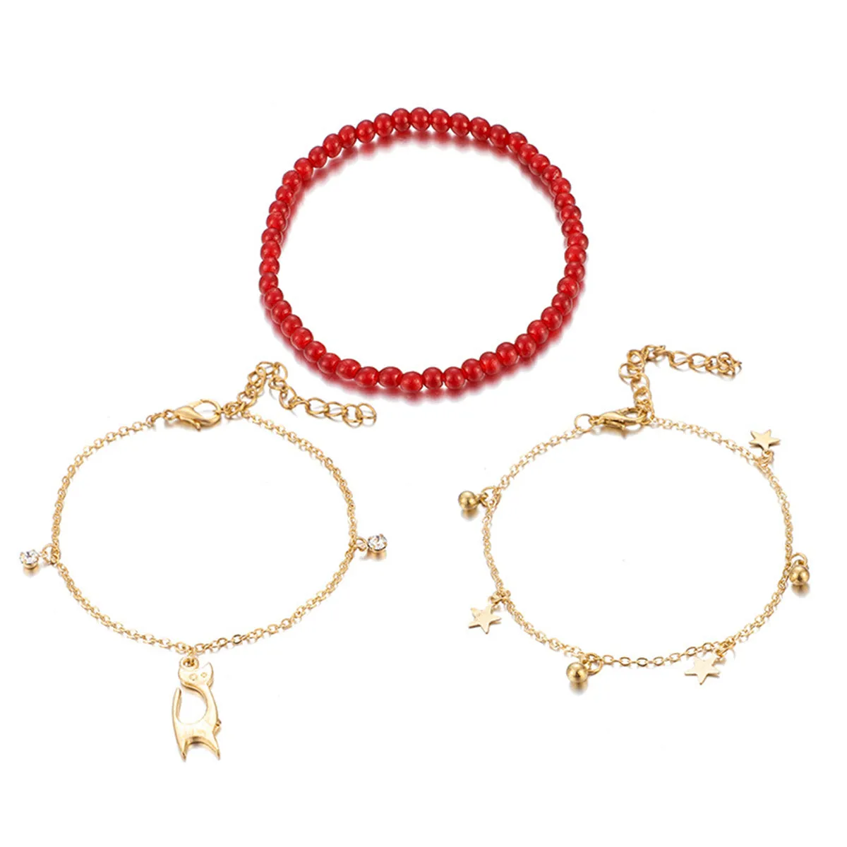 Red & Cubic Zirconia Beaded Cat Charm Anklet Set