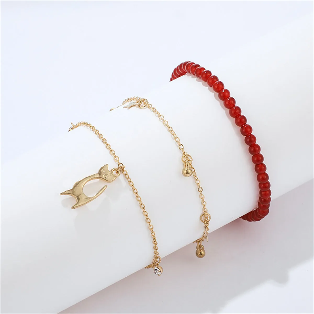 Red & Cubic Zirconia Beaded Cat Charm Anklet Set