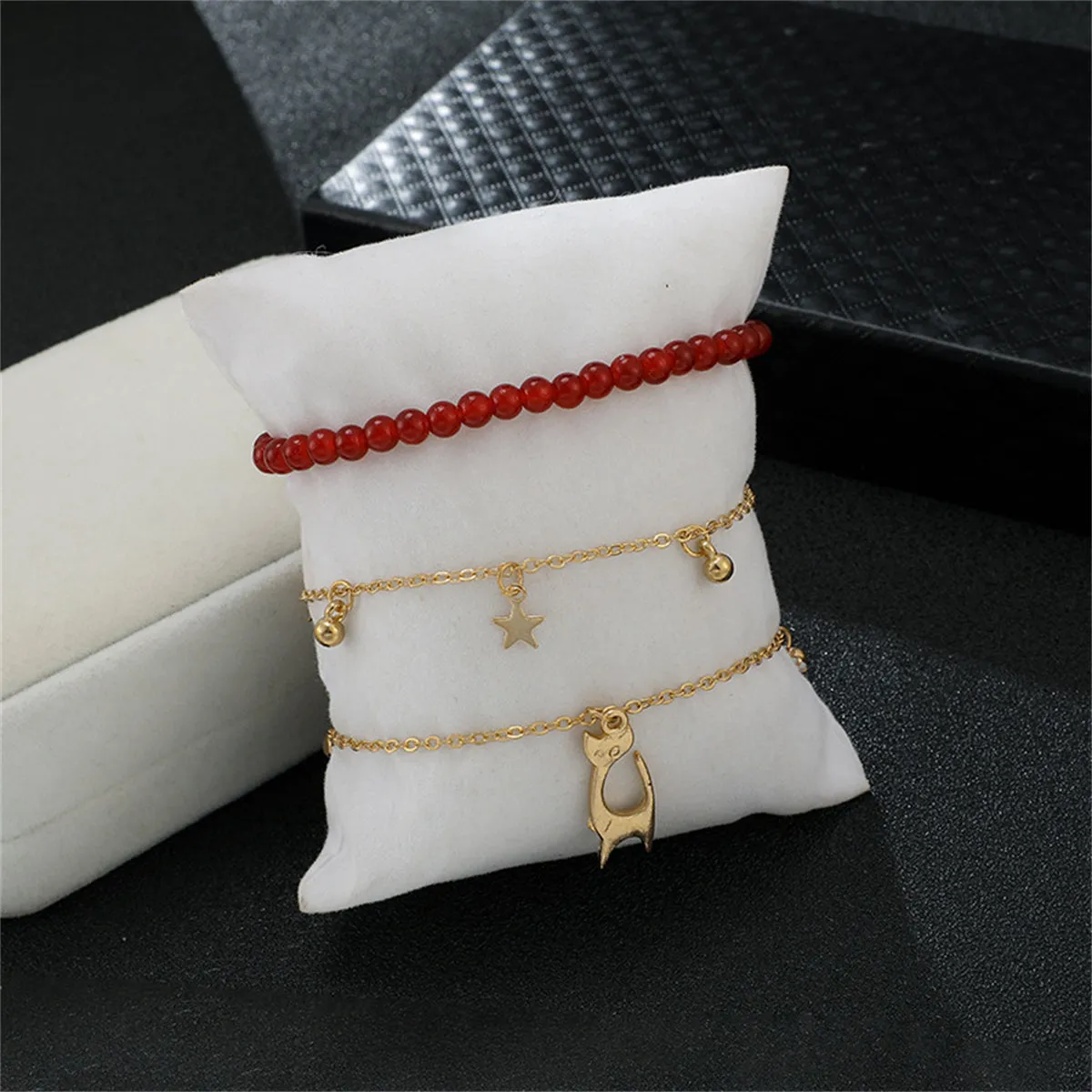 Red & Cubic Zirconia Beaded Cat Charm Anklet Set