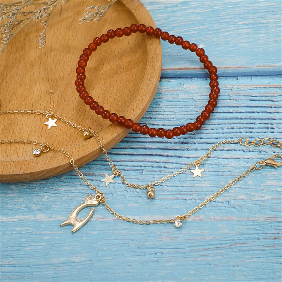 Red & Cubic Zirconia Beaded Cat Charm Anklet Set