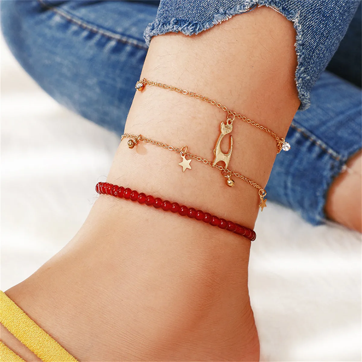 Red & Cubic Zirconia Beaded Cat Charm Anklet Set