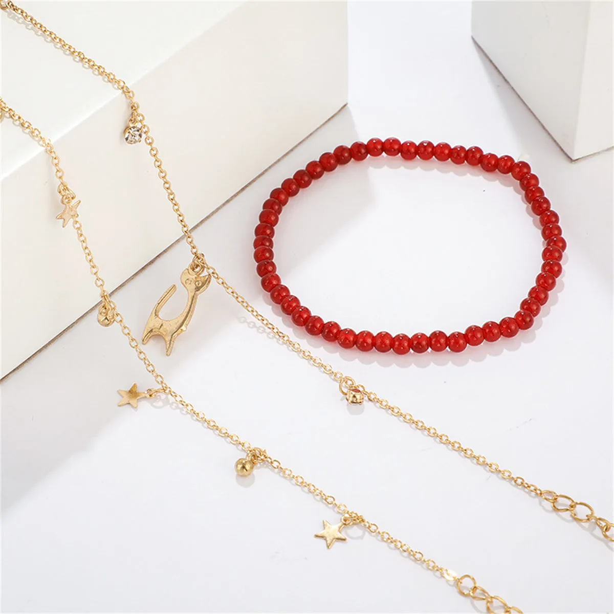 Red & Cubic Zirconia Beaded Cat Charm Anklet Set