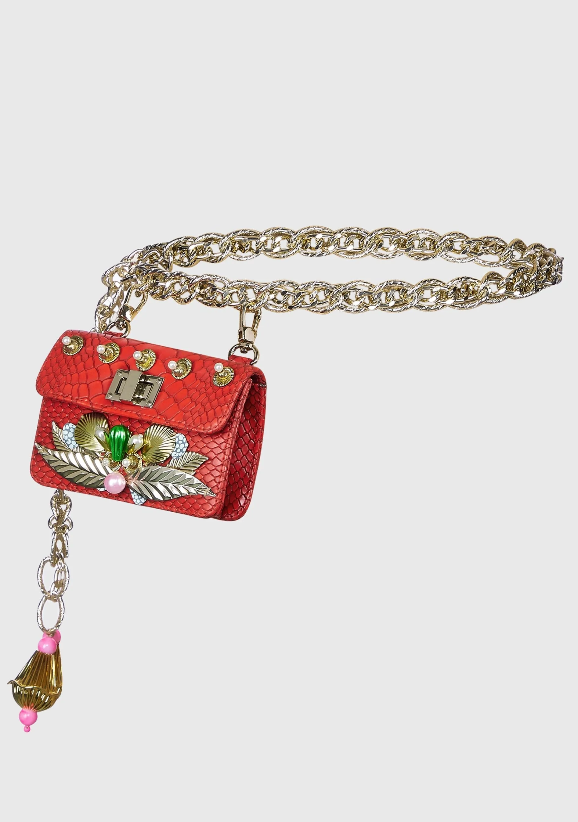 Red embellished waist belt bag