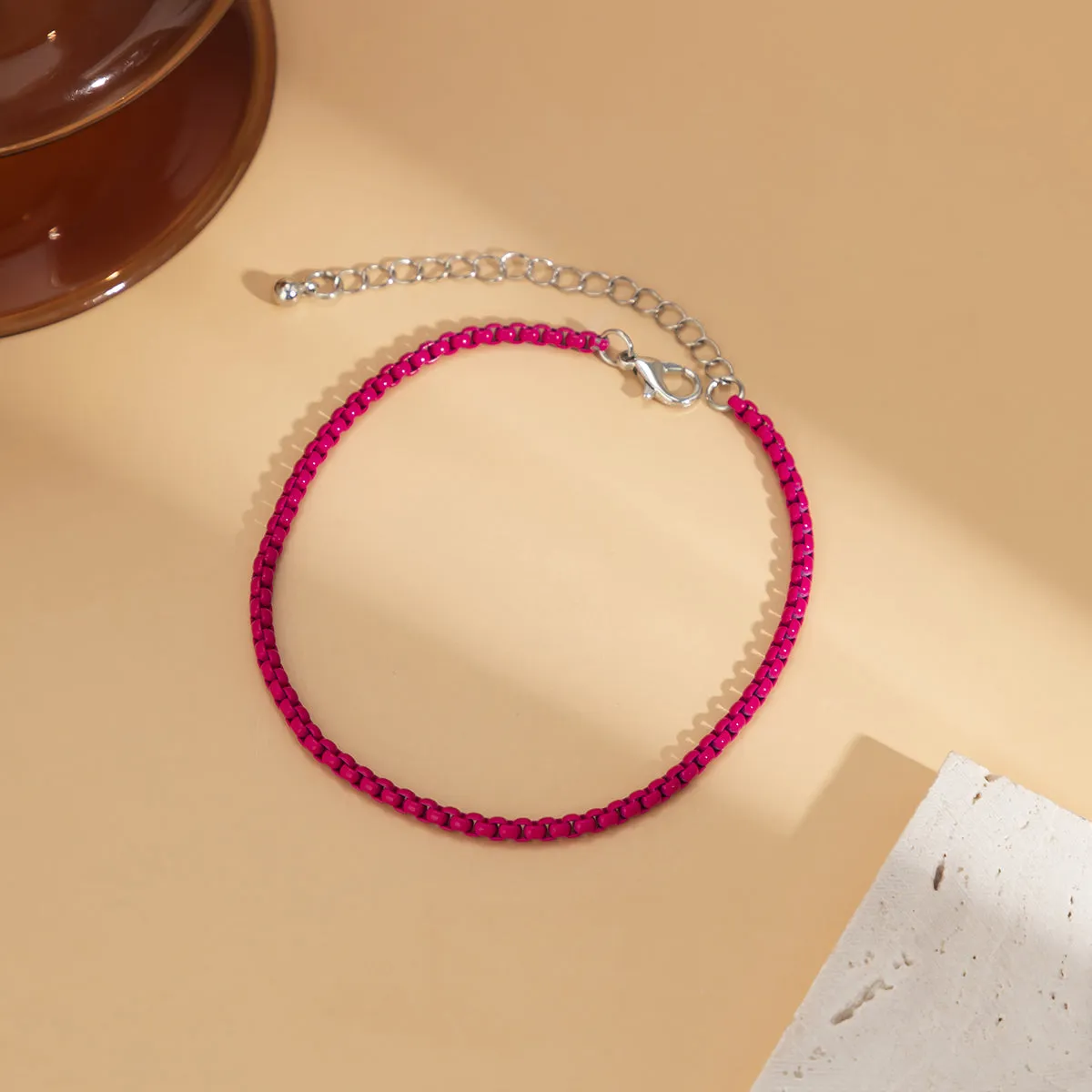 Red Enamel & Silver-Plated Box-Chain Anklet