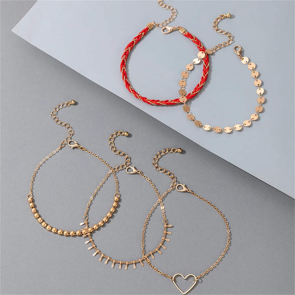 Red Polyster & 18K Gold-Plated Open-Heart Bead Chain Anklet Set