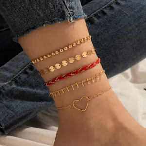 Red Polyster & 18K Gold-Plated Open-Heart Bead Chain Anklet Set