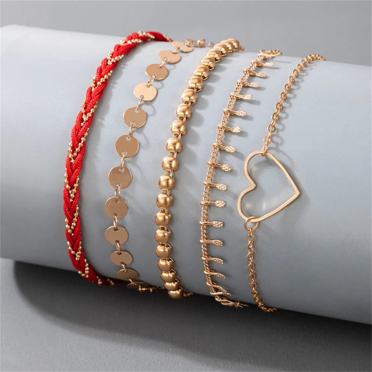 Red Polyster & 18K Gold-Plated Open-Heart Bead Chain Anklet Set
