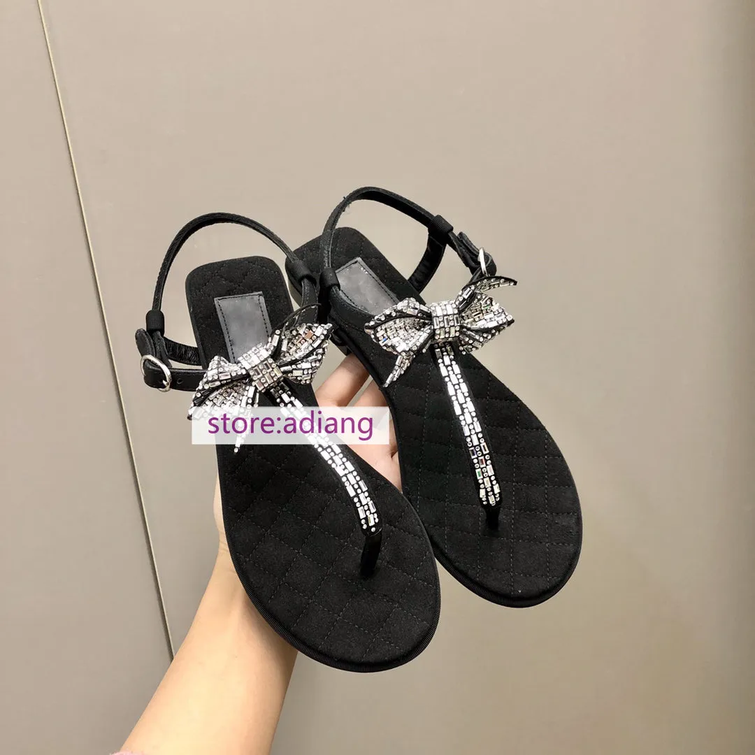 rhinestone bow suede flip flops flats sandals comfort leather women 2023 summer 35-41