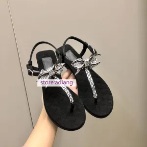 rhinestone bow suede flip flops flats sandals comfort leather women 2023 summer 35-41