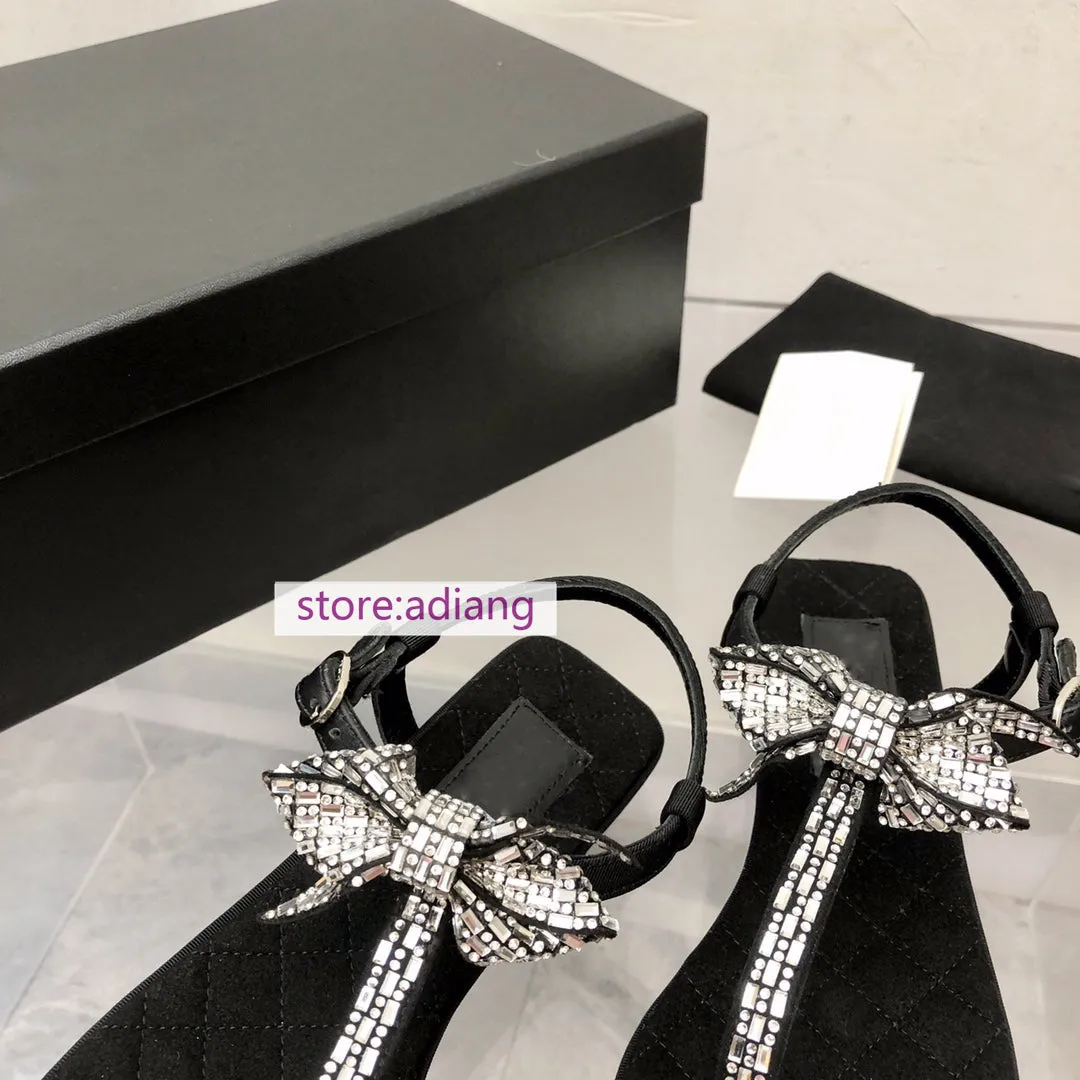 rhinestone bow suede flip flops flats sandals comfort leather women 2023 summer 35-41