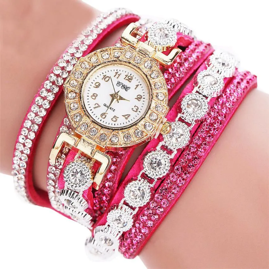 Rhinestone Leather Wrist Watch Bracelet