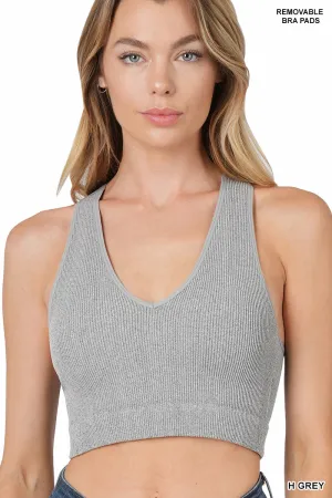 RIBBED CROPPED RACERBACK TANK TOP- H GREY
