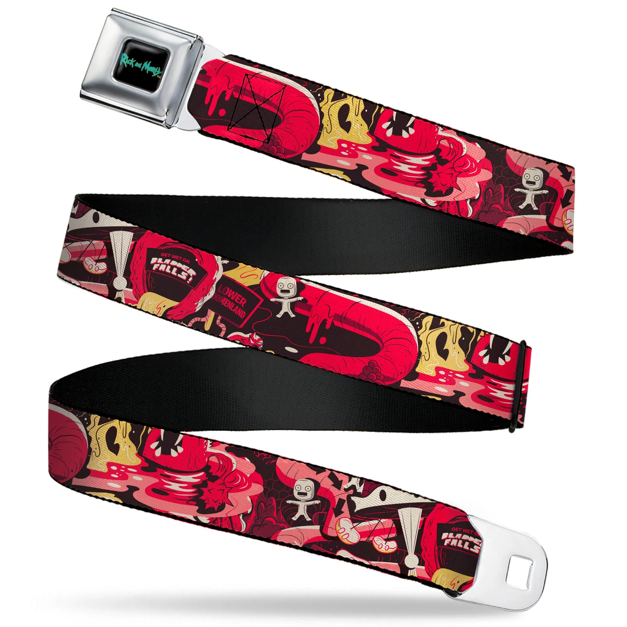 RICK AND MORTY Text Logo Full Color Black/Blue Seatbelt Belt - Rick and Morty Anatomy Park Collage Reds/Black Webbing