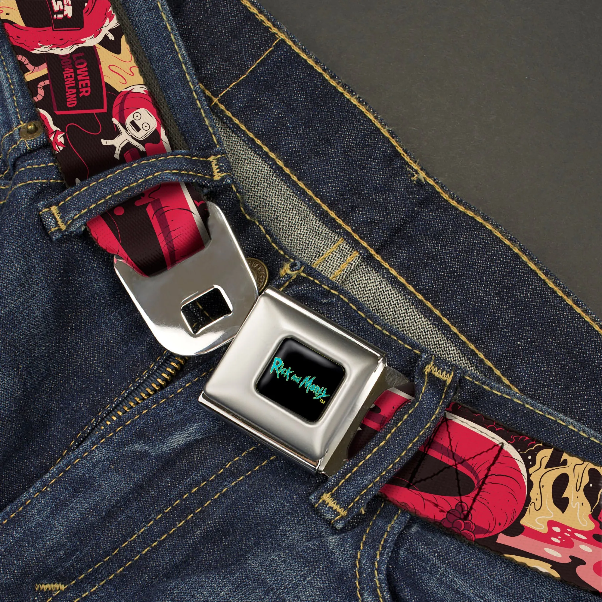 RICK AND MORTY Text Logo Full Color Black/Blue Seatbelt Belt - Rick and Morty Anatomy Park Collage Reds/Black Webbing