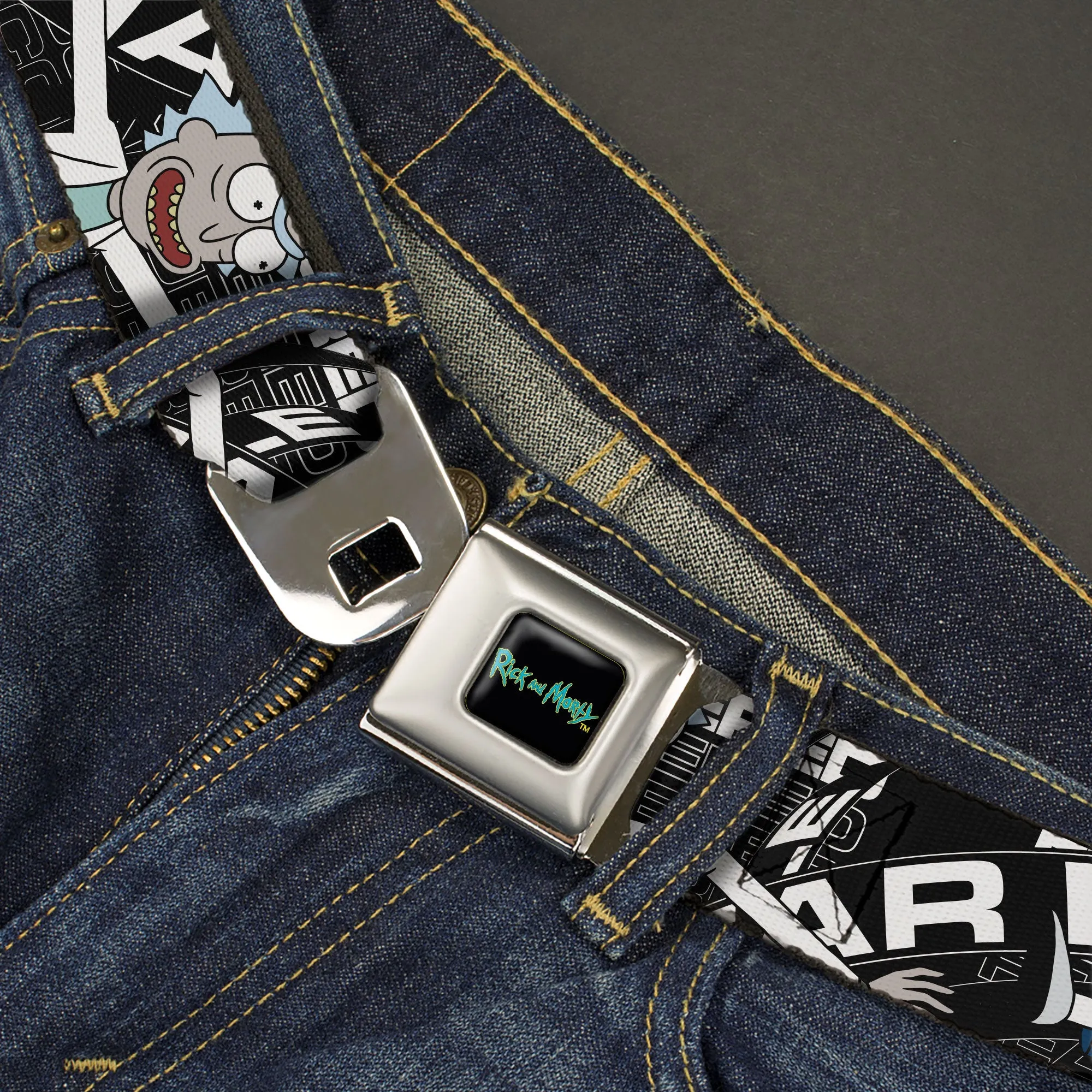 RICK AND MORTY Text Logo Full Color Black/Blue Seatbelt Belt - Rick and Morty FEAR HOLE Pose and Text Black/White Webbing