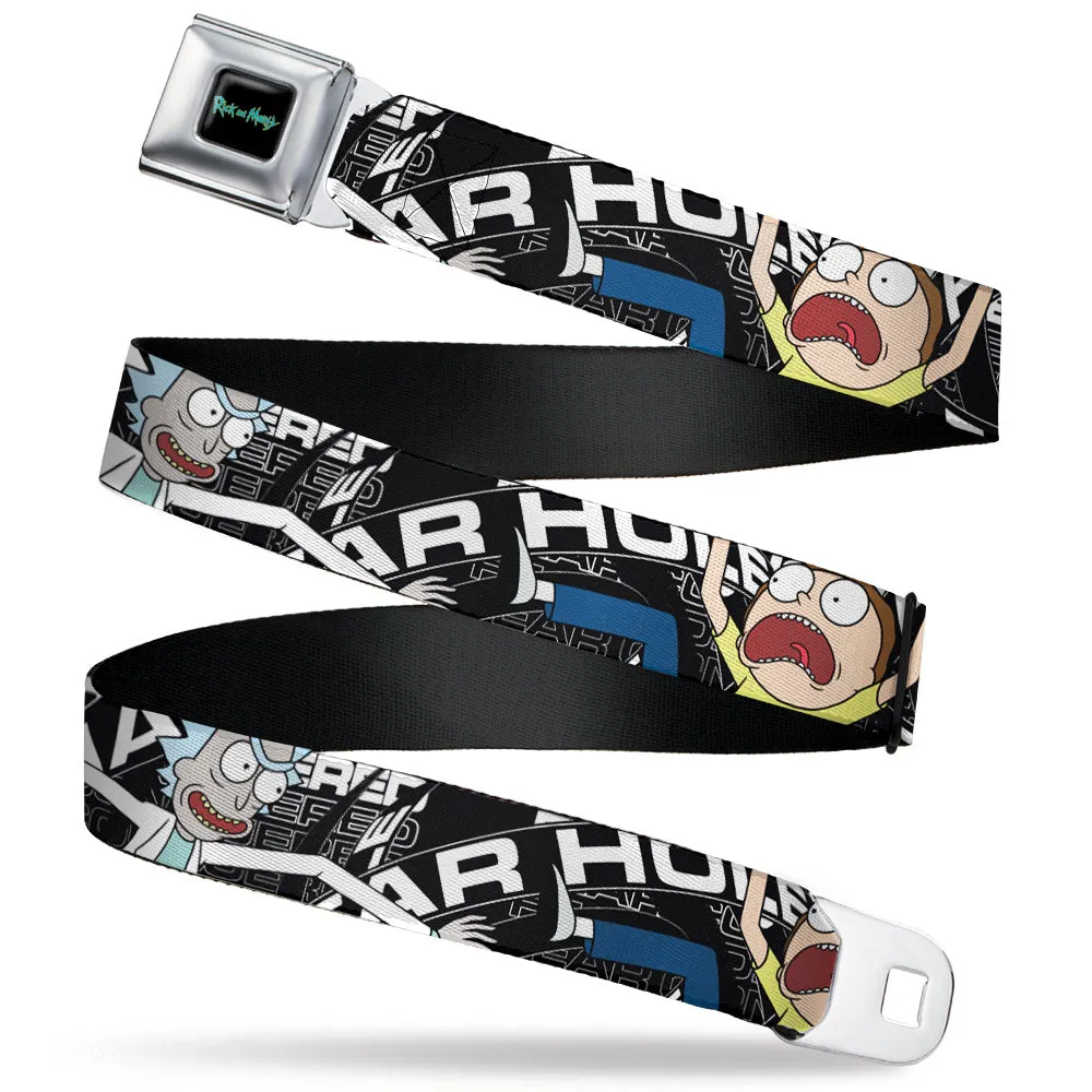 RICK AND MORTY Text Logo Full Color Black/Blue Seatbelt Belt - Rick and Morty FEAR HOLE Pose and Text Black/White Webbing