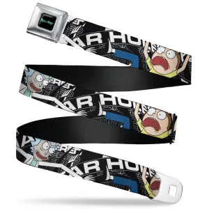 RICK AND MORTY Text Logo Full Color Black/Blue Seatbelt Belt - Rick and Morty FEAR HOLE Pose and Text Black/White Webbing