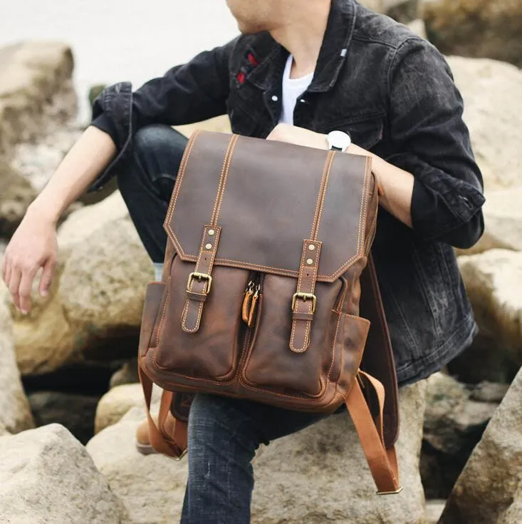 ROCKCOW Handmade Leather Travel Backpack, Designer Backpacks, School Backpack
